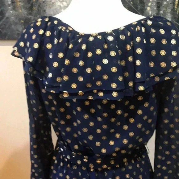 NWT Michael Kors Navy Blue/ Gold Floral Pattern Belted Tie Waist Ruffle Dress-M - Picture 7 of 12